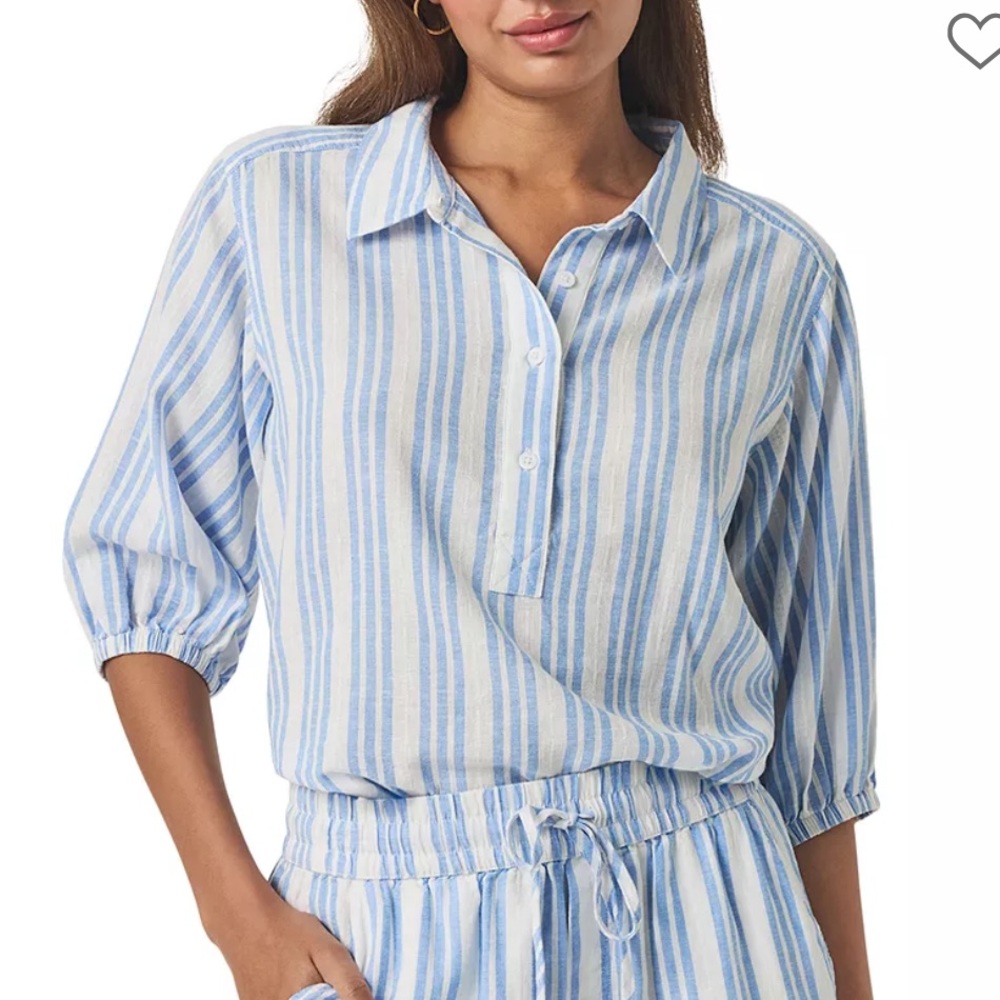 Splendid Allison Popover Top Blue White Striped Linen Blend 3/4 Sleeve Size XS
